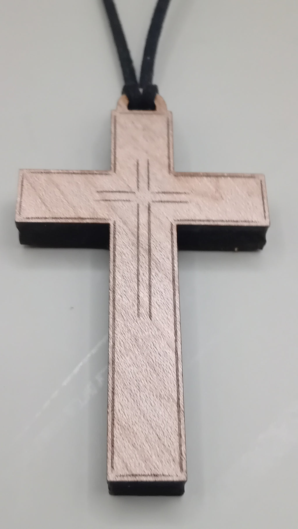 Beech wood cross pendant with engraved line cross detail