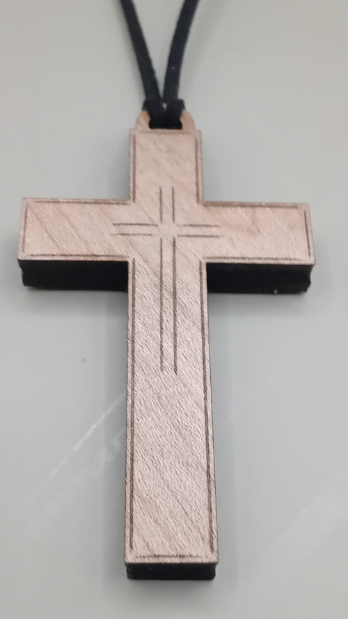 Beech wood cross pendant with engraved line cross detail