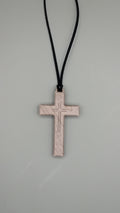 Engraved beech wood cross pendant on black faux suede cord