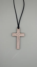 Engraved beech wood cross pendant on black faux suede cord