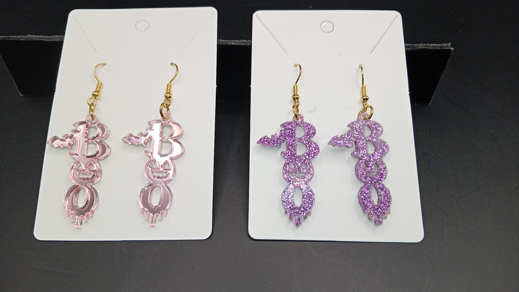 Pink mirror and purple sparkle BOO Halloween earrings handmade by Fly Design