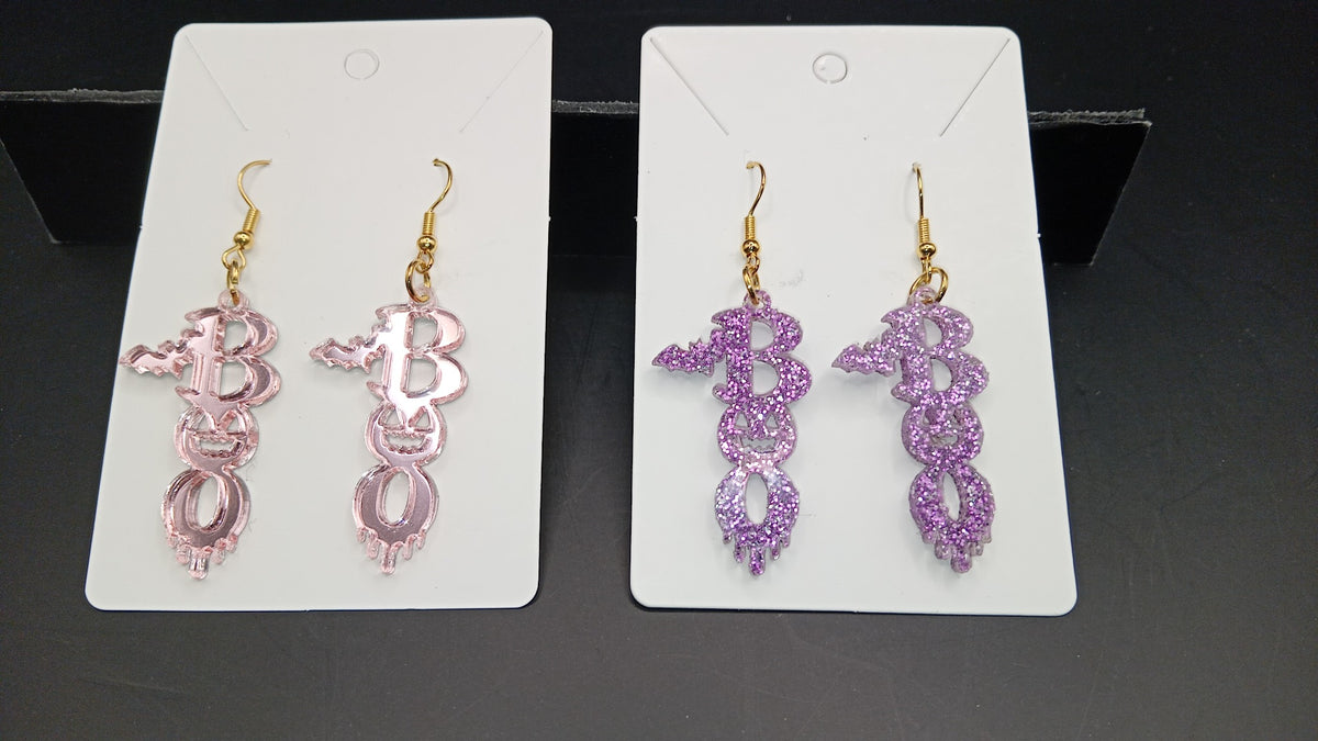 Pink mirror and purple sparkle BOO Halloween earrings handmade by Fly Design