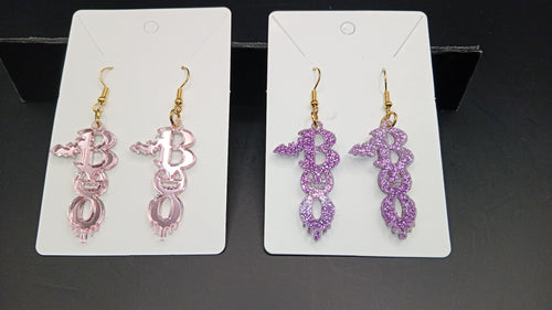 Pink mirror and purple sparkle BOO Halloween earrings handmade by Fly Design