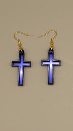 Blue mirrored acrylic cross earrings with black layered frame and gold hooks