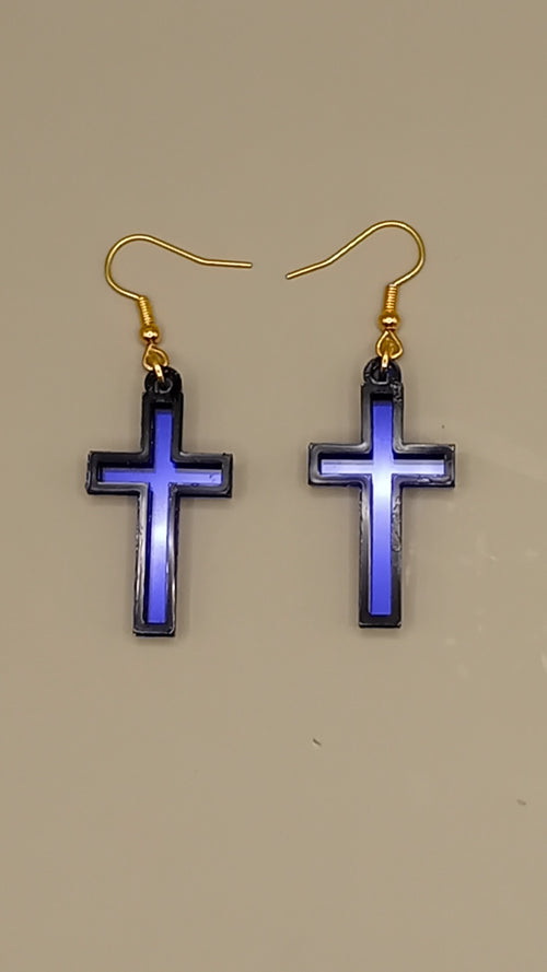 Blue mirrored acrylic cross earrings with black layered frame and gold hooks