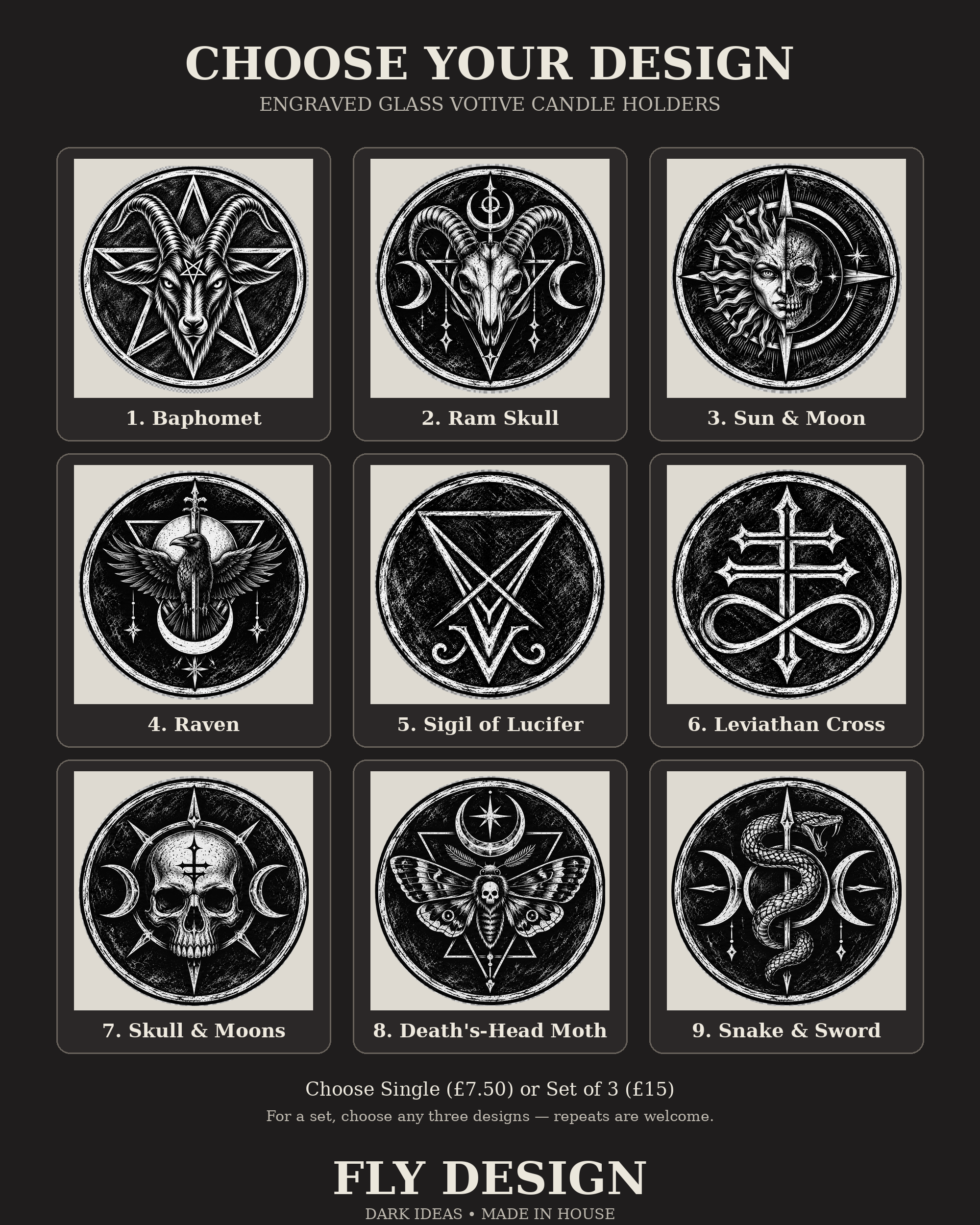 Choose your design guide showing all nine Fly Design engraved gothic votive designs