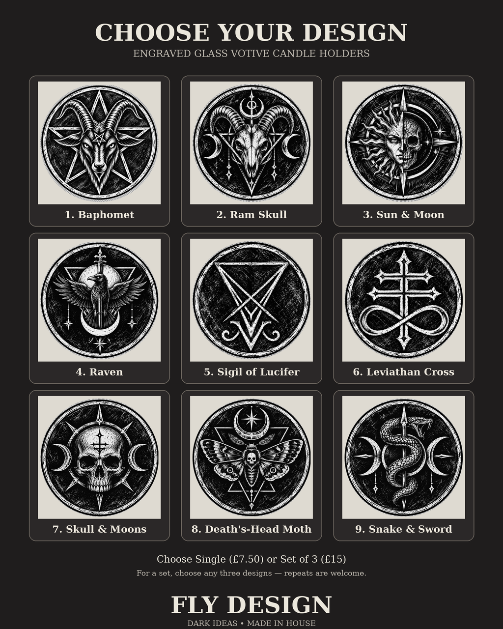 Choose your design guide showing all nine Fly Design engraved gothic votive designs