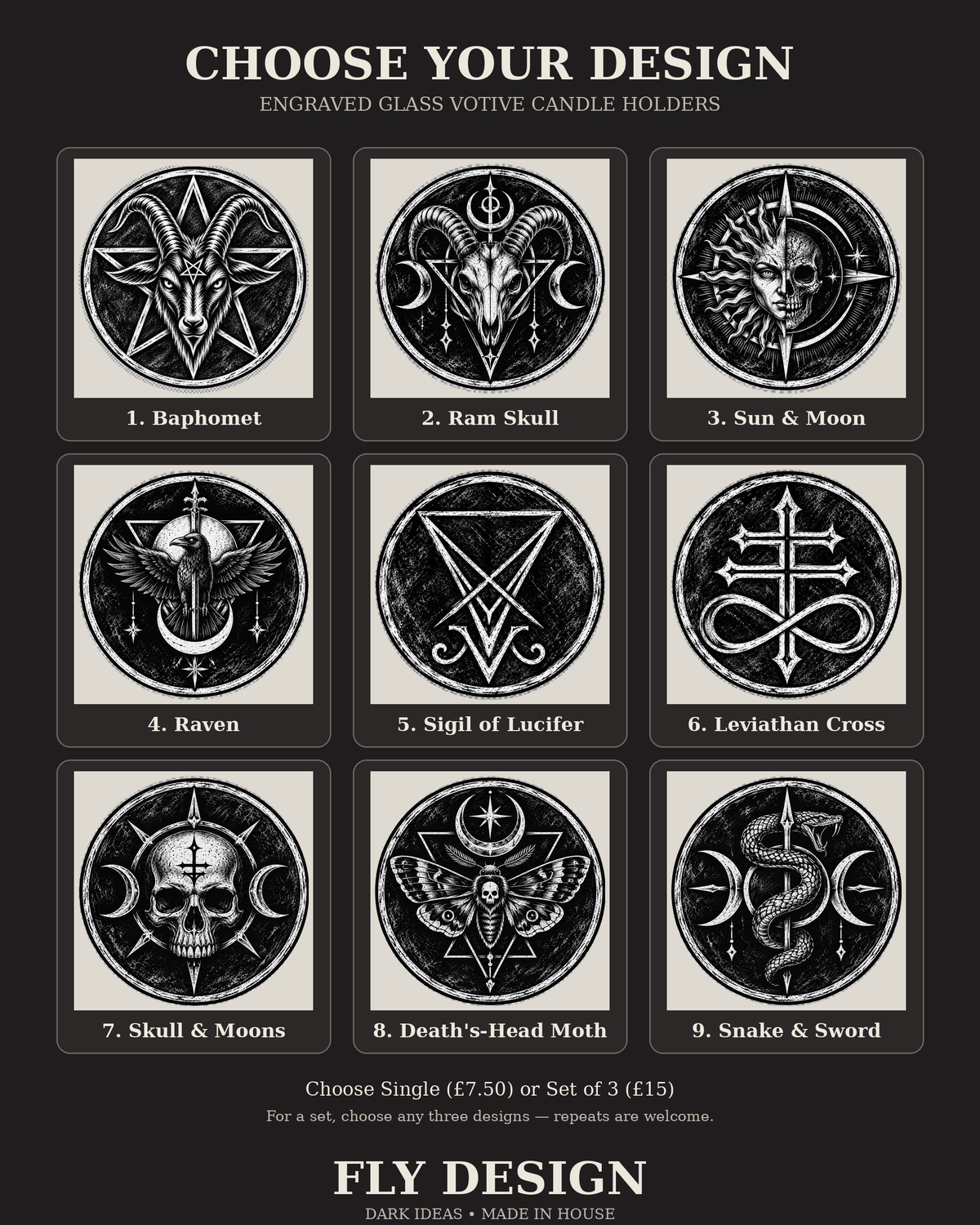 Choose your design guide showing all nine Fly Design engraved gothic votive designs