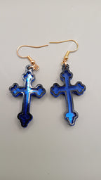 Blue mirrored Gothic cross earrings with black layered frame and gold hooks