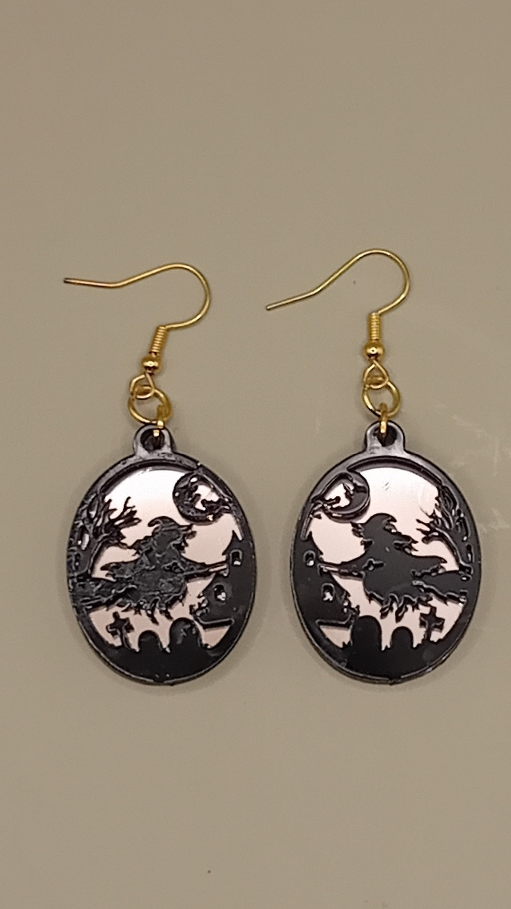 Pink mirrored layered witch earrings with black acrylic witch scene and gold hooks