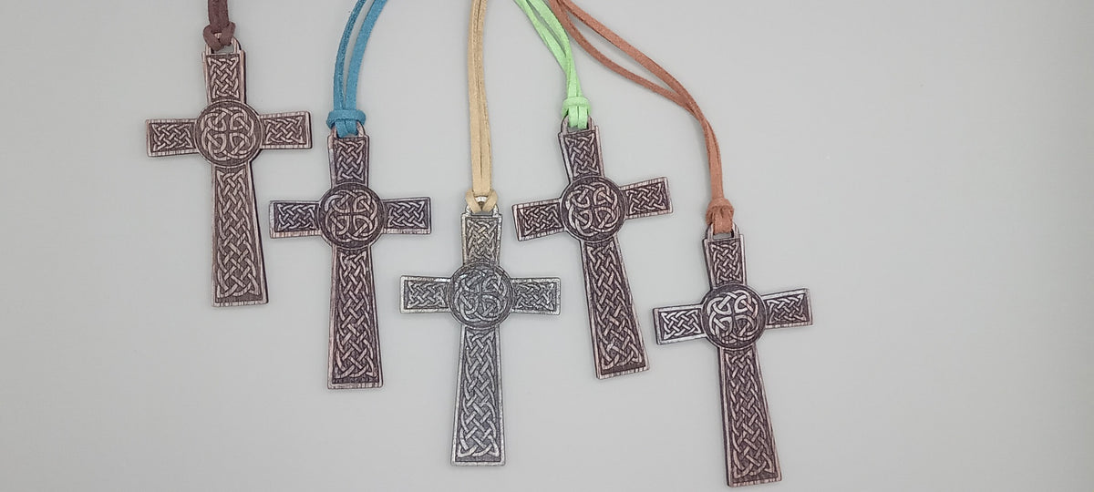 Rustic engraved wooden Celtic cross pendants with assorted faux suede cords