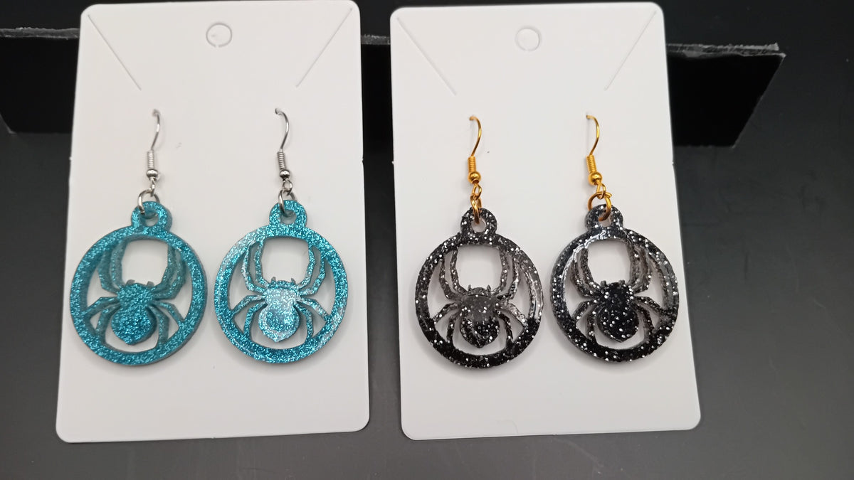 Turquoise and black sparkle spider earrings handmade by Fly Design